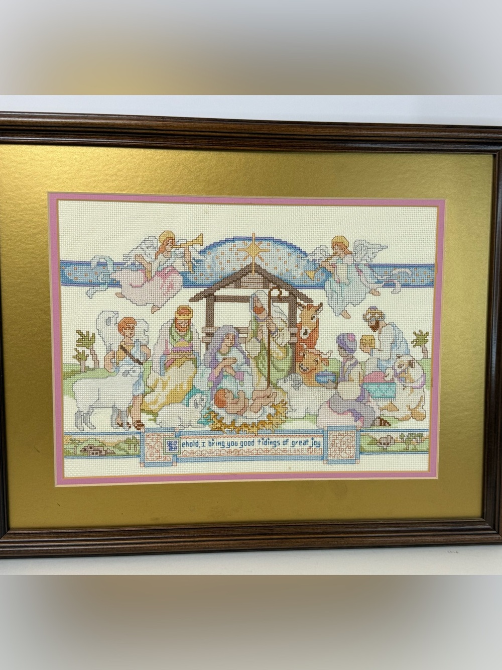 Framed Pastel Nativity Cross Stitch Wall Art - Pastel Pink Accents